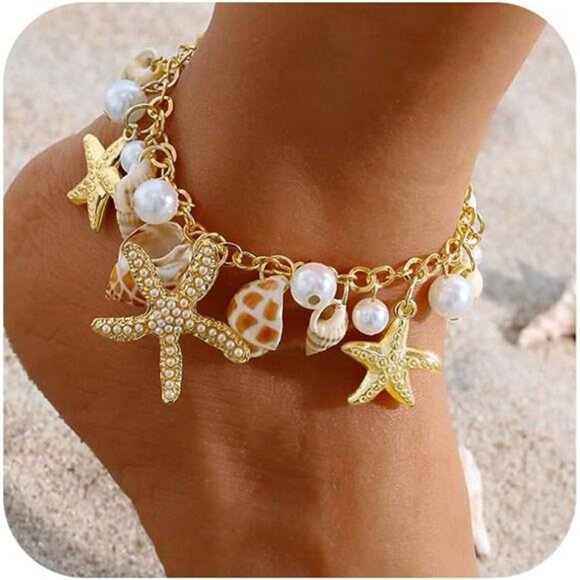 Shell Ankle Bracelet Set for Women, Gold Boho Bead Adjustable Anklet, Hawaiian - Picture 7 of 7